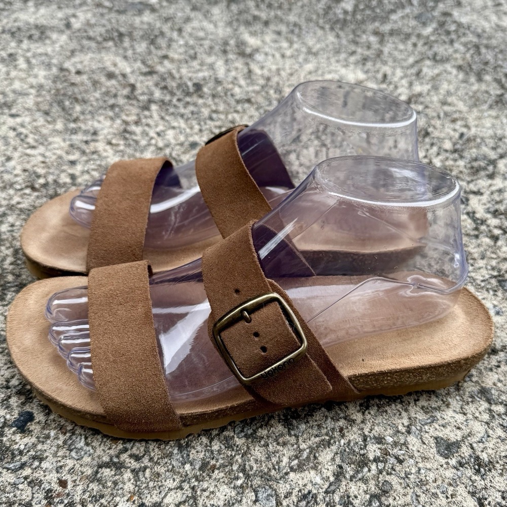 Yokono‎ Women's Sz 8 Brown Tan Leather Two Strap Slide On Sandal Made In Spain - Picture 2 of 15
